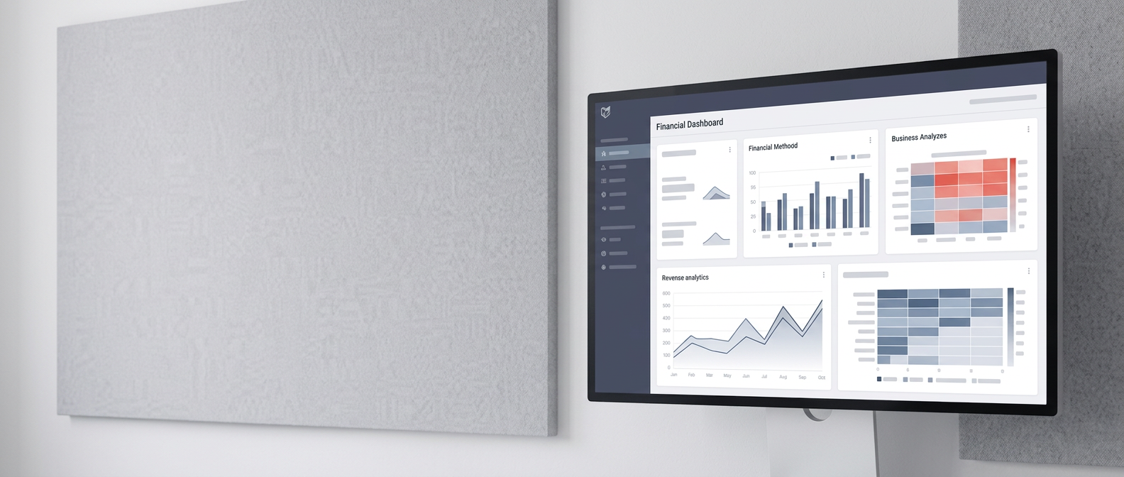 Computer monitor on a desk displaying a financial dashboard with charts and reports