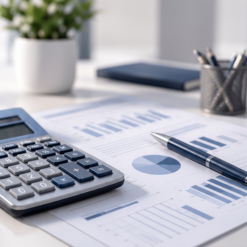 Calculator, printed financial report with bar and pie charts, and a pen on a desk